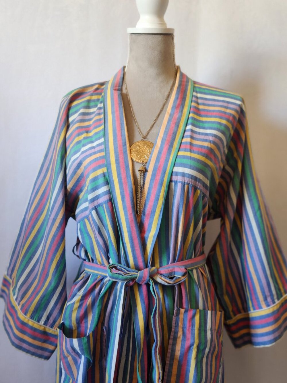 Christian Dior Monsieur OS Unisex Multi-Color Striped Front Pockets Belted Robe - Picture 3 of 12